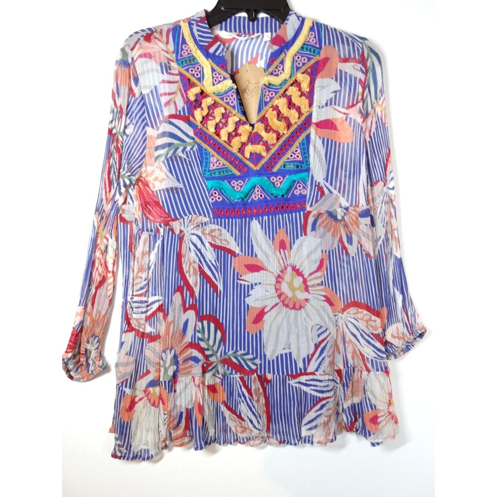 Soft Surroundings Sheer‎ Tory Tunic PS Blue Floral Embroidered Boho Peasant Top